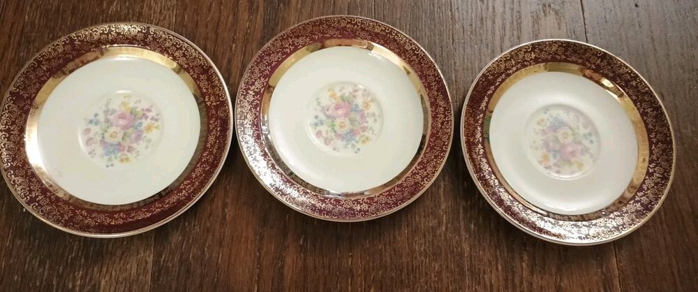Vtg Lot 3 Century by Salem Saucers Aristocrat Maroon/23 Karat Gold Filigree 6"
